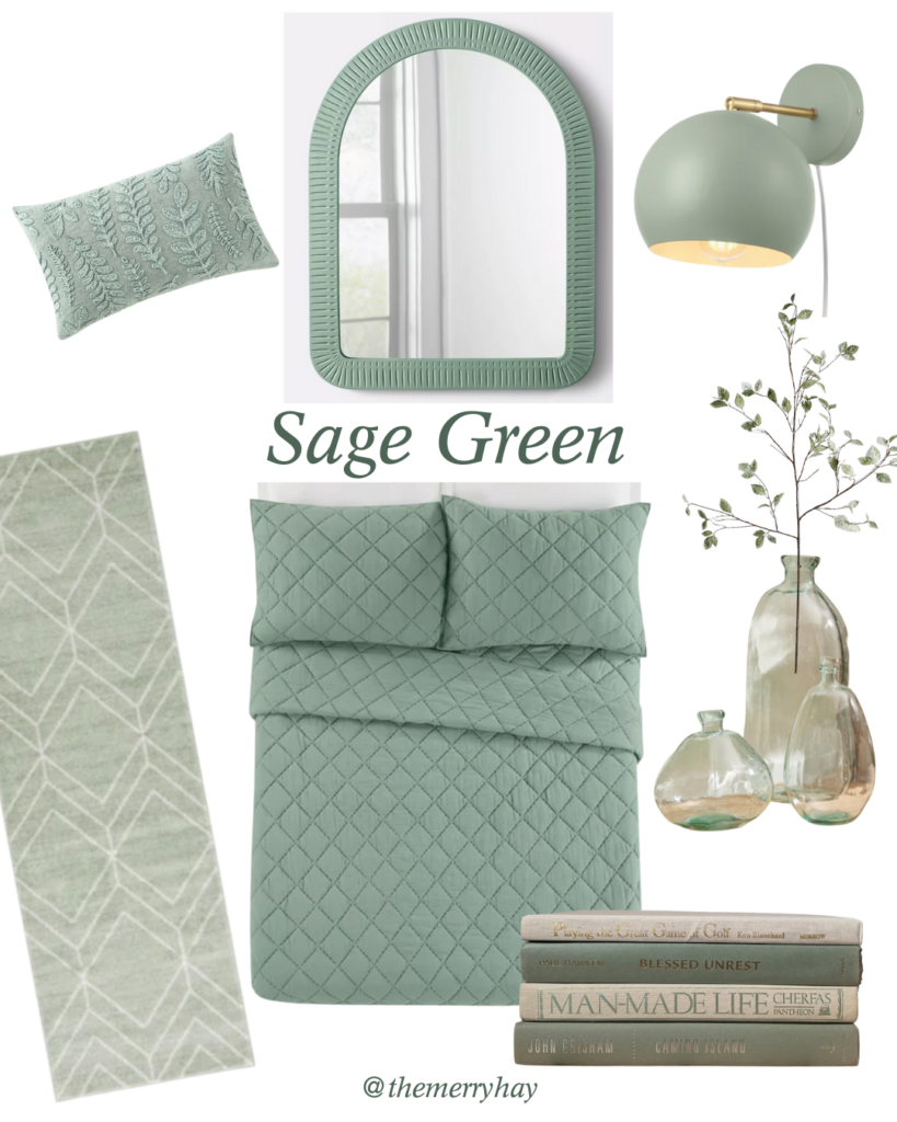 sage green home decor: pillow, mirror, light, rug, quilt, vase, books