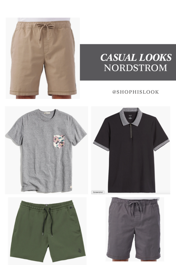 men's casual outfit from nordstrom. men's elastic shorts. men's floral pocket tee. men's polo.