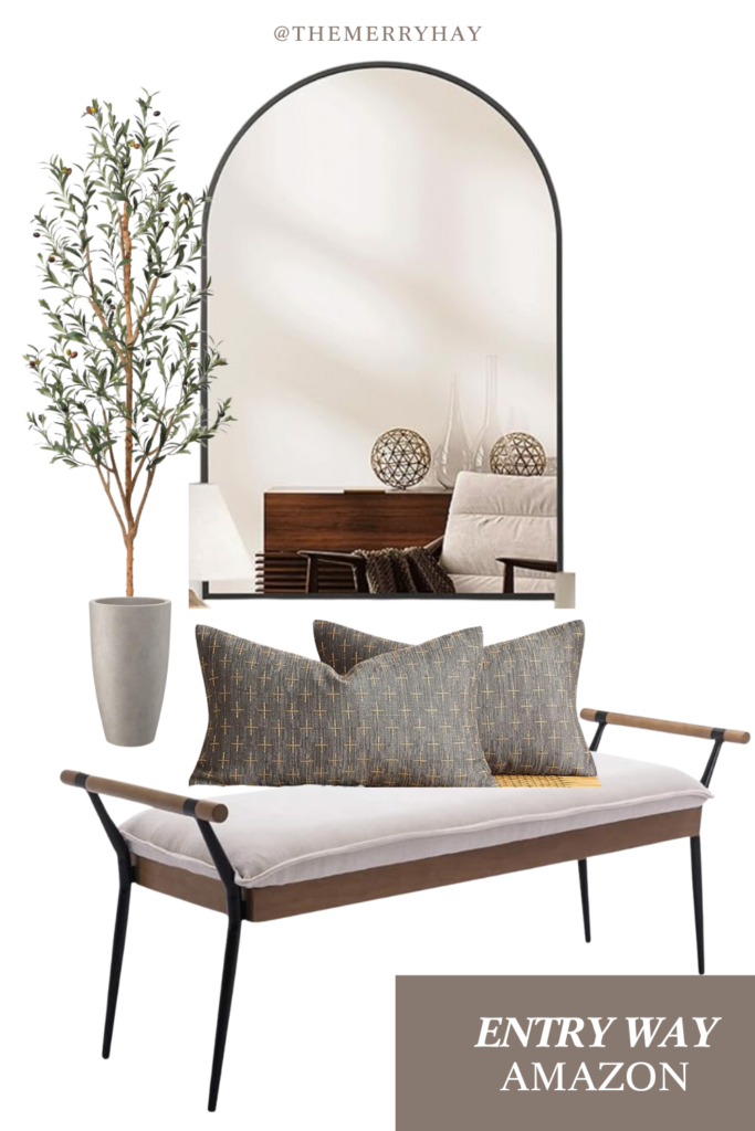 Amazon entryway decor for small spaces. Fake tree and neutral planter. Large arched mirror. Woven pillow covers. Bench.