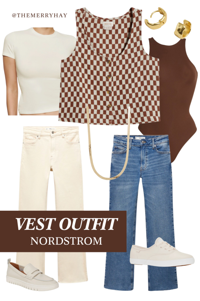 nordstrom women's fashion. women's checkered vest. skims cropped tee. halter skims bodysuit. cropped denim. gold jewelry. ways to wear a vest.