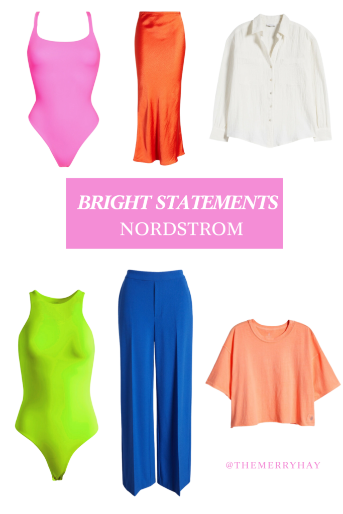 women's bright and colorful clothing pieces for spring and summer from nordstrom under $100. bodysuit. silk midi skirt. white button down shirt. lime green bodysuit. hot pink. cobalt dress pants. orange boxy tee.