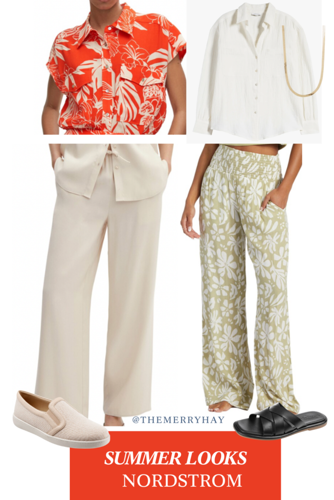 women's summer vacation fashion looks from Nordstrom under $100. botanical print blouse. botanical print pants. white button down blouse. cream summer pants. gold necklace.