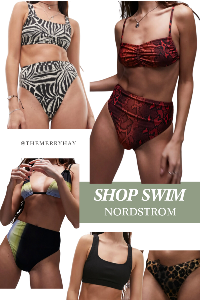 women's swim suits from nordstrom under $40. red snake print swimsuit. tie dye swimsuit. printed swimsuit. leopard swim bottoms. solid black swimsuit.